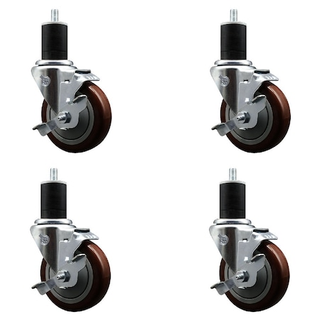 Service Caster 4'' Maroon Poly Swivel 1-3/4'' Expanding Stem Caster Set with Brake, 4PK SCC-EX20S414-PPUB-MRN-TLB-134-4